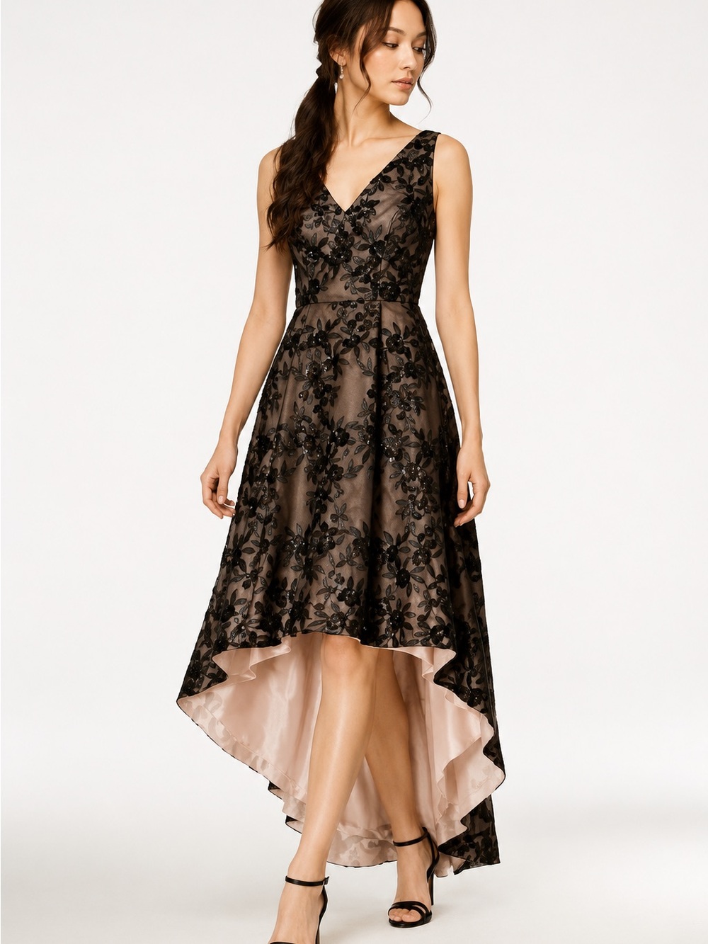 Calvin Klein Black Nude Floral High Low Evening Dress Formal Dress Size 10 EUC